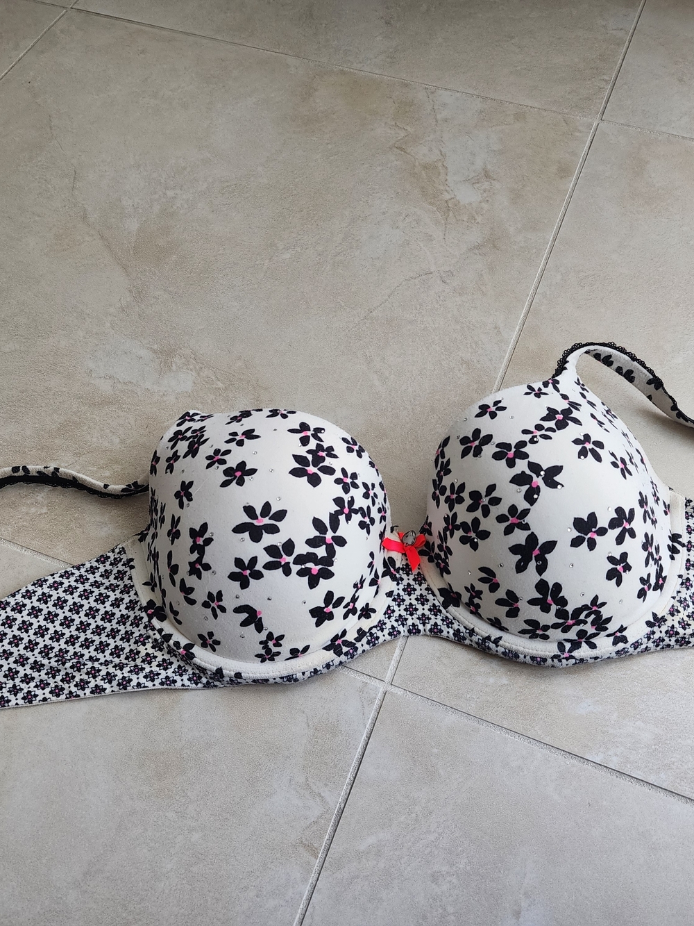 Victoria's Secret Cream Floral Bra with Black and Pink Accents